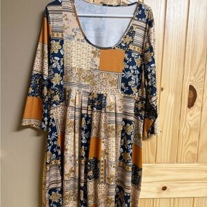 Boho Patchwork Floral Midi Dress in Mustard & Navy